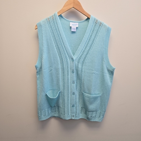 Sweaters - PXL Vintage Knit Blue Green Button Cardigan Sweater Vest Petite